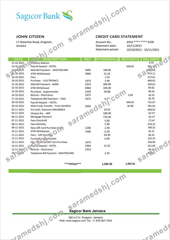 Jamaica Sagicor Bank statement template, Word and PDF format (.doc and .pdf)